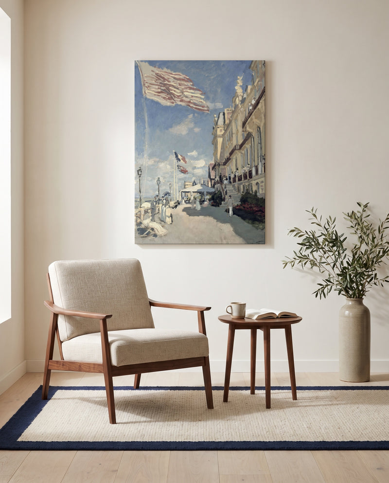 Hôtel des Roches Noires by Claude Monet as a stretched canvas above a linen lounge chair in a reading corner