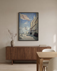 Hôtel des Roches Noires by Claude Monet in a black frame above a walnut sideboard in a dining room