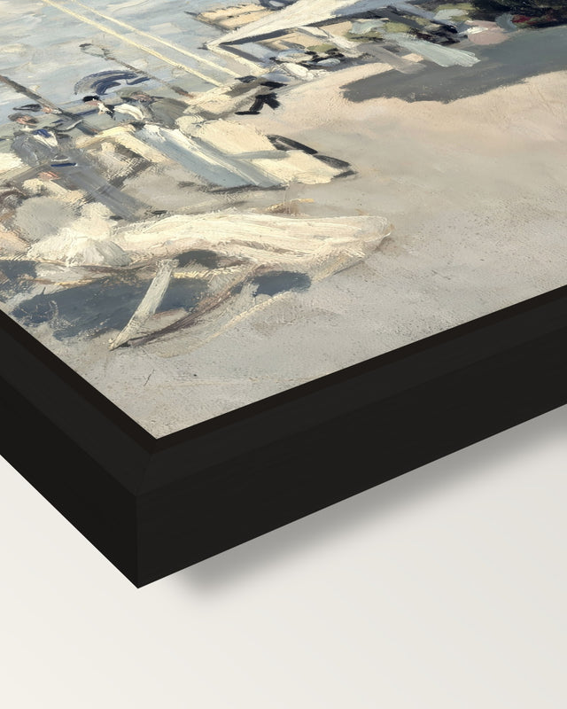 Hôtel des Roches Noires by Monet framed canvas, corner close-up: a black floating frame with a shadow gap round the canvas