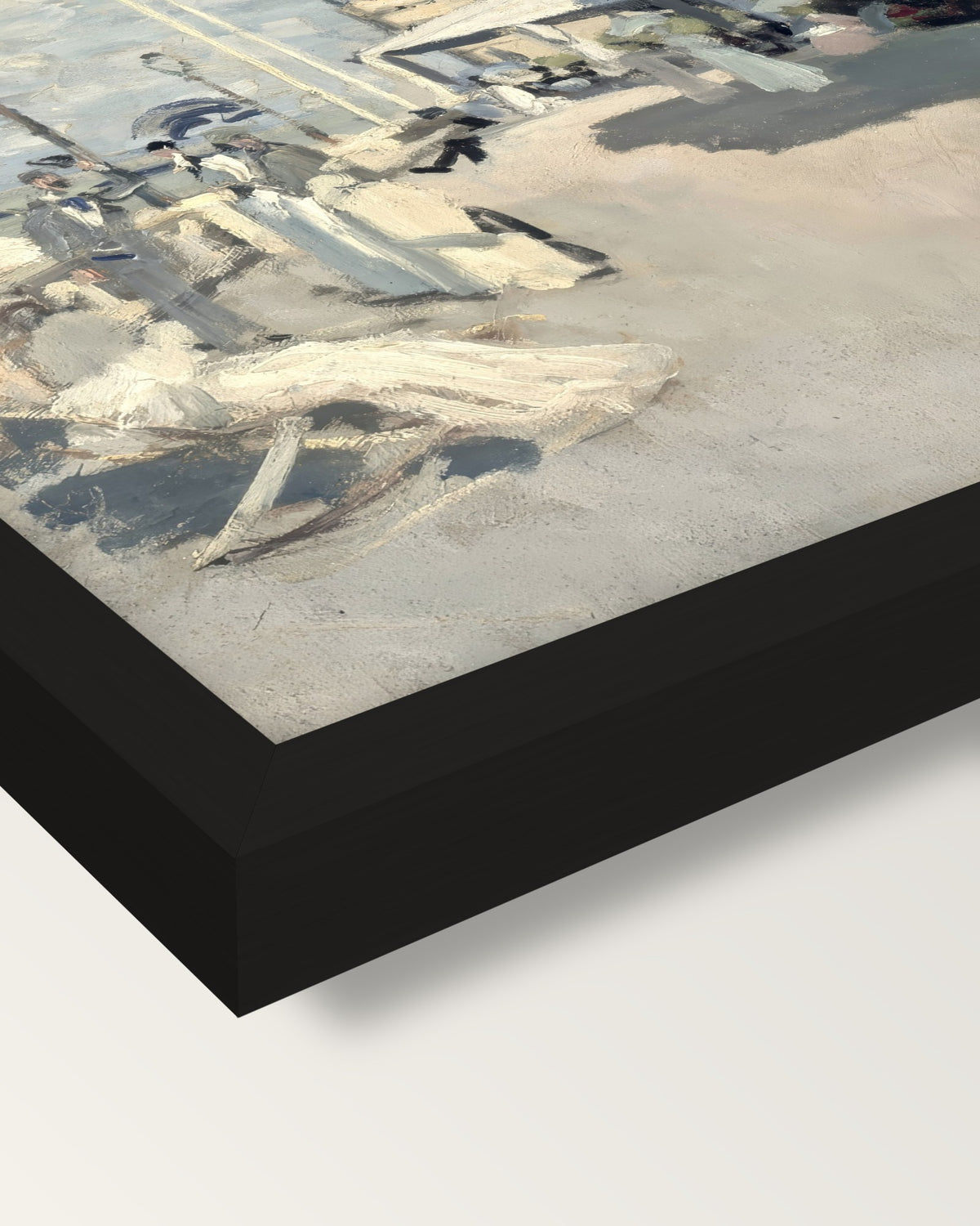 Hôtel des Roches Noires by Monet framed print, corner close-up: black moulding, mitred, the print set just below its edge