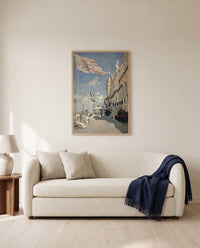 Hôtel des Roches Noires by Claude Monet framed in natural oak above a cream sofa in a warm living room