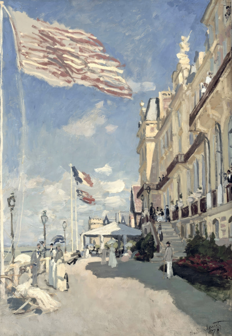 Hôtel des Roches Noires by Claude Monet: a grand white hotel, flags flying, guests on the terrace and a blue summer sky