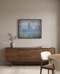 Houses of Parliament, London by Claude Monet in a black frame above a walnut sideboard in a dining room