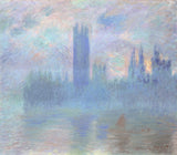 Houses of Parliament, London by Claude Monet: the towers of Westminster in pale blue and violet mist above the river
