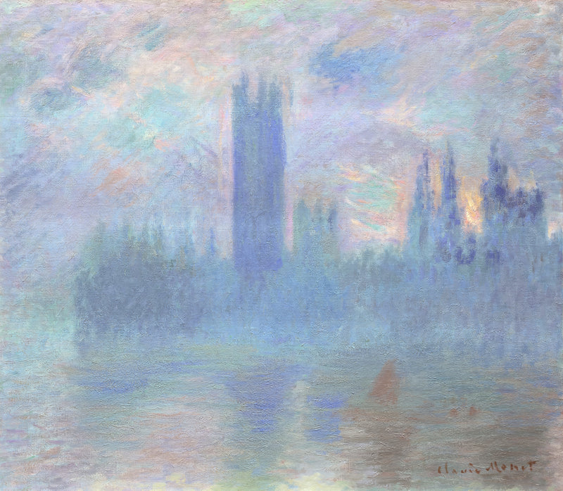 Houses of Parliament, London by Claude Monet: the towers of Westminster in pale blue and violet mist above the river