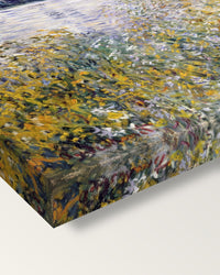 Île aux Fleurs, Vétheuil by Claude Monet on stretched canvas, corner close-up: the painting mirror-wrapped round the sides