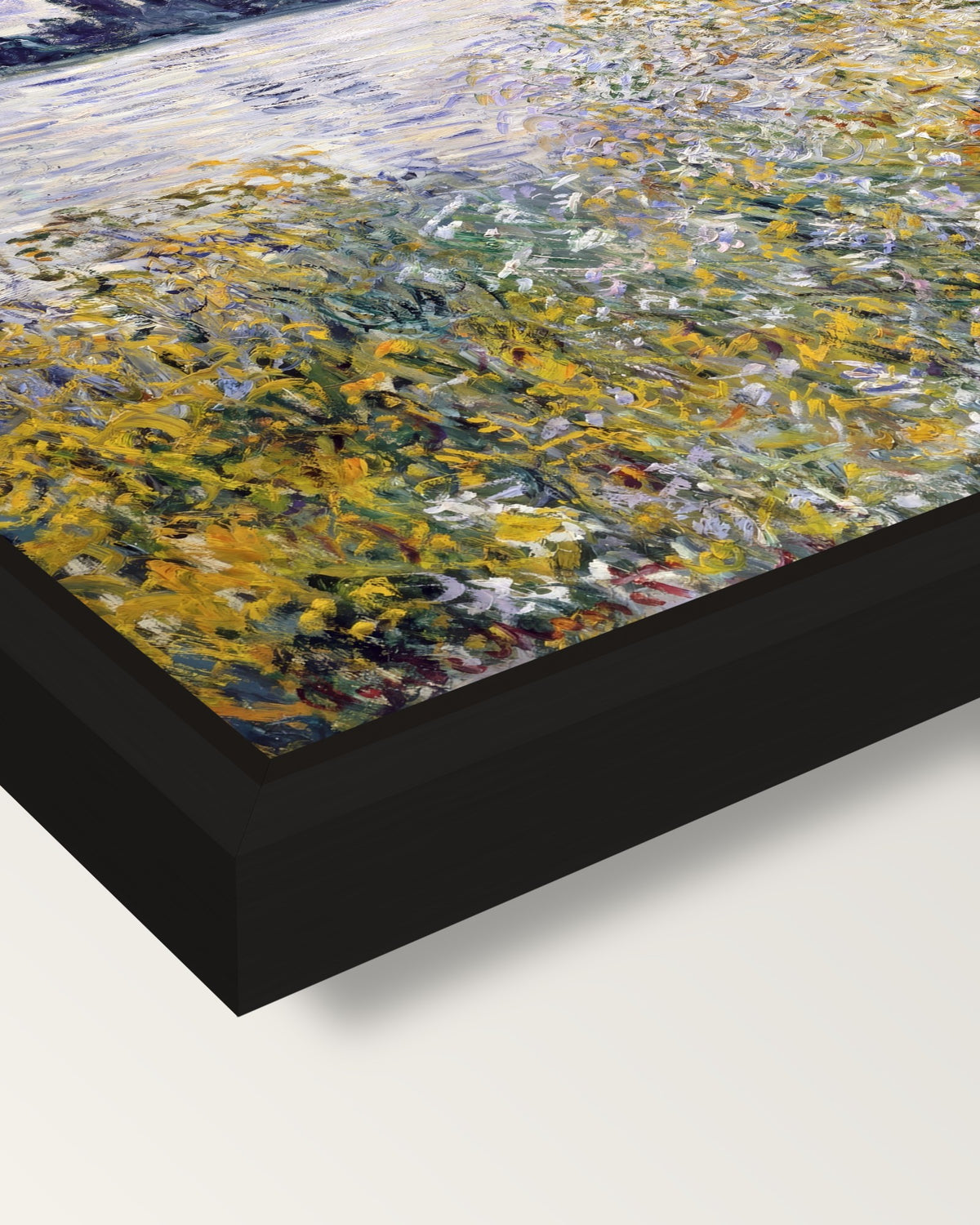 Île aux Fleurs, Vétheuil by Monet framed canvas, corner close-up: a black floating frame with a shadow gap round the canvas