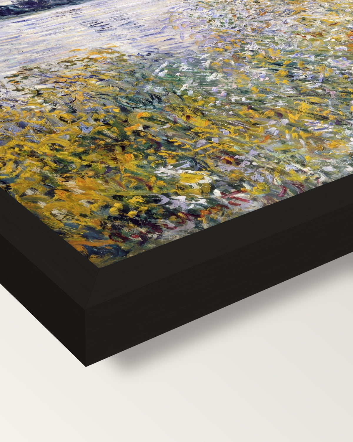 Île aux Fleurs, Vétheuil by Monet framed print, corner close-up: black moulding, mitred, the print set just below its edge