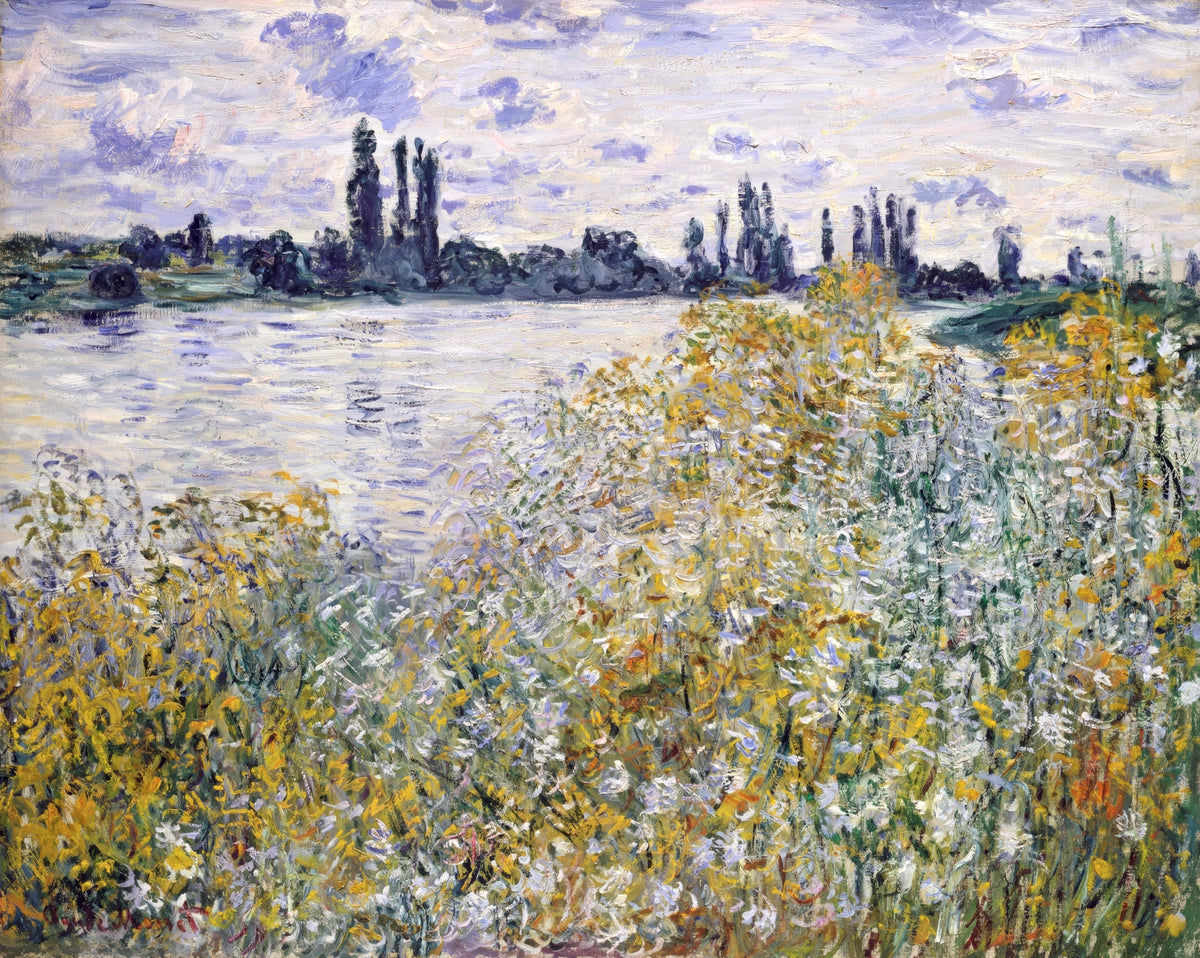 Île aux Fleurs near Vétheuil by Claude Monet: a bank of yellow and white flowers above the blue Seine under a cloudy sky