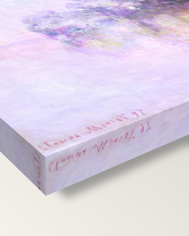 Île aux Orties by Claude Monet on stretched canvas, corner close-up: the painting mirror-wrapped round the sides