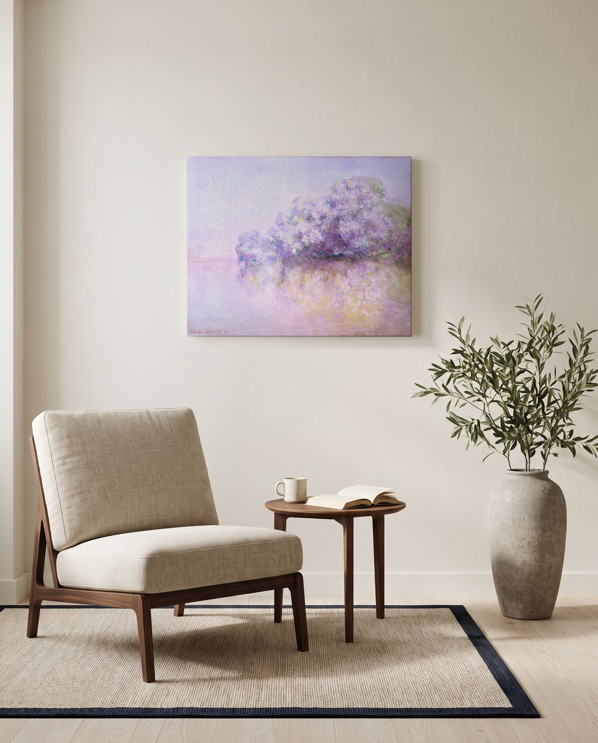 Île aux Orties by Claude Monet as a stretched canvas above a linen lounge chair in a reading corner