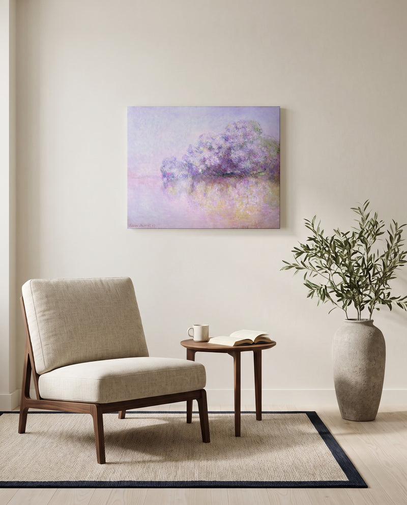 Île aux Orties by Claude Monet as a stretched canvas above a linen lounge chair in a reading corner