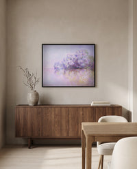 Île aux Orties by Claude Monet in a black frame above a walnut sideboard in a dining room