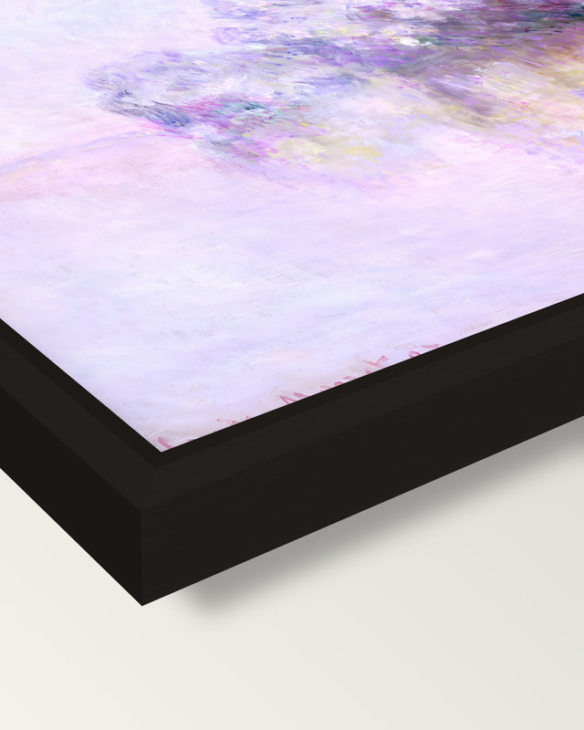 Île aux Orties by Claude Monet framed canvas, corner close-up: a black floating frame with a shadow gap round the canvas