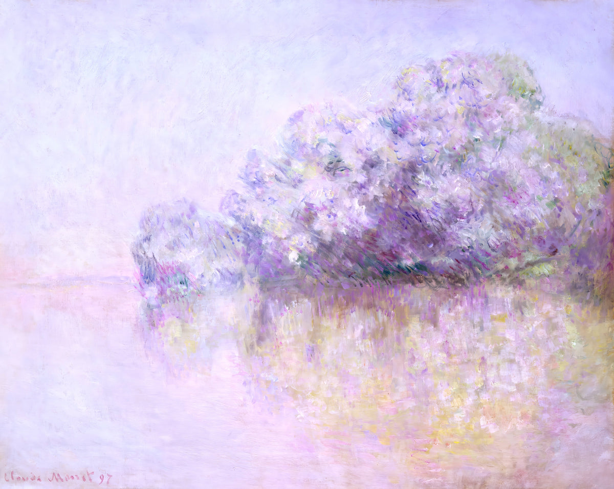 Île aux Orties near Vernon by Claude Monet: soft lilac and blue trees on a small island reflected in misty water