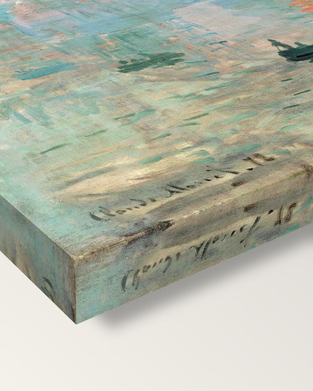 Impression, Sunrise by Claude Monet on stretched canvas, corner close-up: the painting mirror-wrapped round the sides