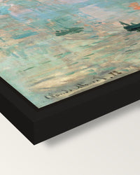 Impression, Sunrise by Claude Monet framed canvas, corner close-up: a black floating frame with a shadow gap round the canvas