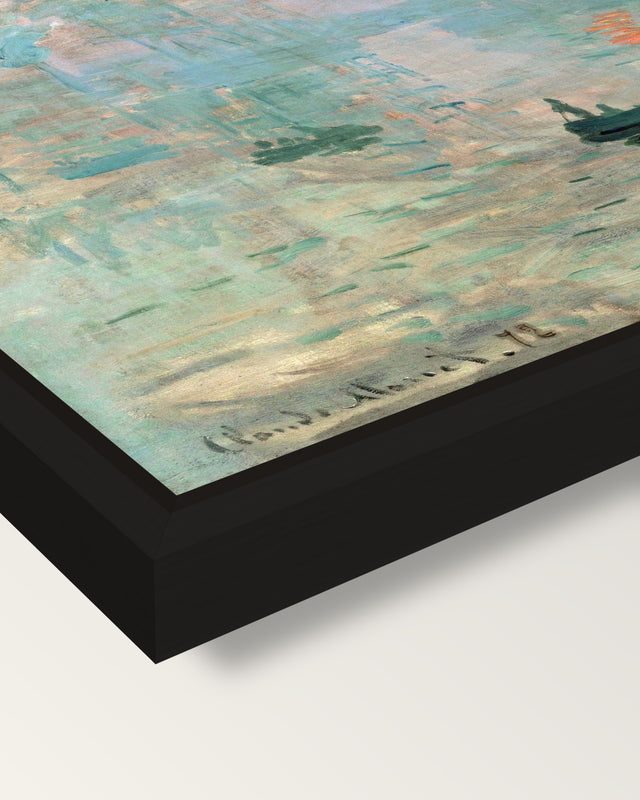 Impression, Sunrise by Claude Monet framed canvas, corner close-up: a black floating frame with a shadow gap round the canvas