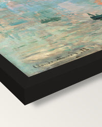 Impression, Sunrise by Claude Monet framed print, corner close-up: black moulding, mitred, the print set just below its edge