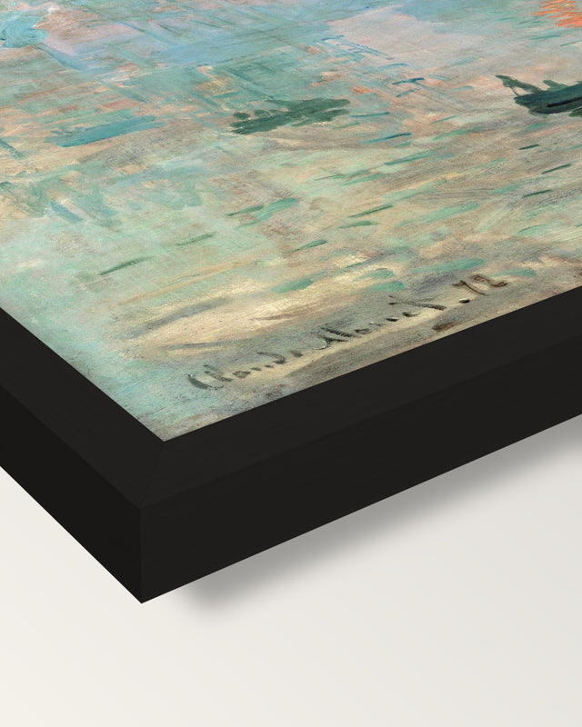 Impression, Sunrise by Claude Monet framed print, corner close-up: black moulding, mitred, the print set just below its edge