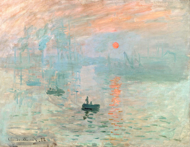Impression, Sunrise by Claude Monet: an orange sun over a misty blue harbour, small dark boats on the water