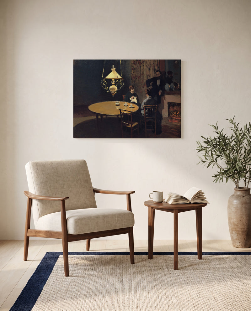 Interior, after Dinner by Claude Monet as a stretched canvas above a linen lounge chair in a reading corner