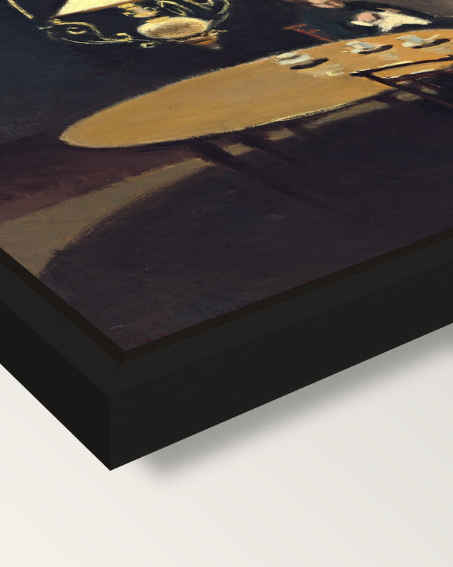 Interior, after Dinner by Monet framed canvas, corner close-up: a black floating frame with a shadow gap round the canvas