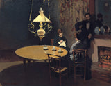 Interior, after Dinner by Claude Monet: figures gathered around a table under a glowing lamp in a dark room