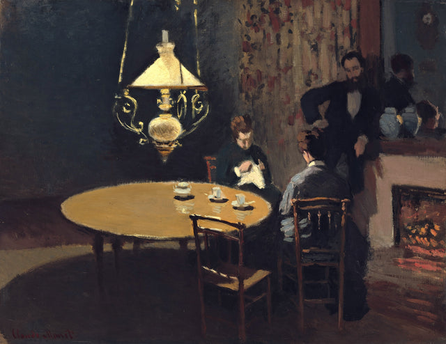 Interior, after Dinner by Claude Monet: figures gathered around a table under a glowing lamp in a dark room