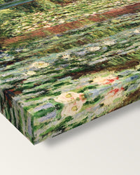 Japanese Footbridge, Giverny by Monet on stretched canvas, corner close-up: the painting mirror-wrapped round the sides