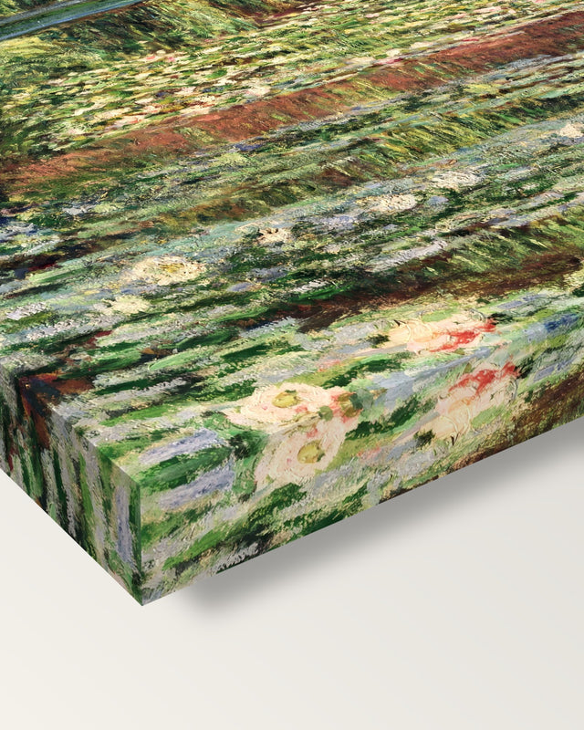 Japanese Footbridge, Giverny by Monet on stretched canvas, corner close-up: the painting mirror-wrapped round the sides