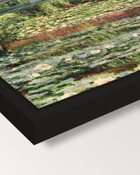 Japanese Footbridge, Giverny framed canvas, corner close-up: a black floating frame with a shadow gap round the canvas