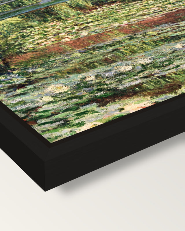 Japanese Footbridge, Giverny framed canvas, corner close-up: a black floating frame with a shadow gap round the canvas