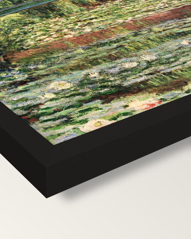 Japanese Footbridge, Giverny framed print, corner close-up: black moulding, mitred, the print set just below its edge