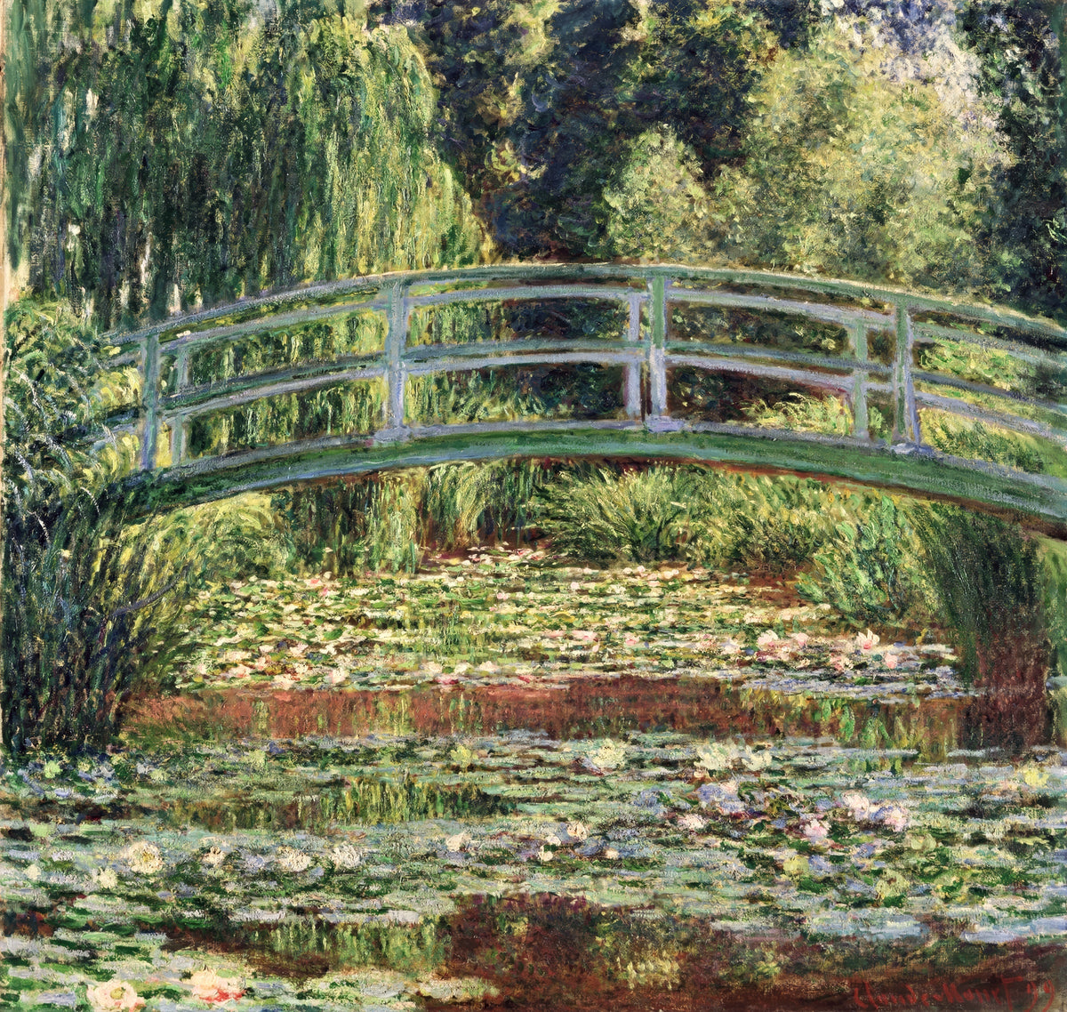 Japanese Footbridge and the Water Lily Pool by Claude Monet: a green arched bridge over a pond of water lilies