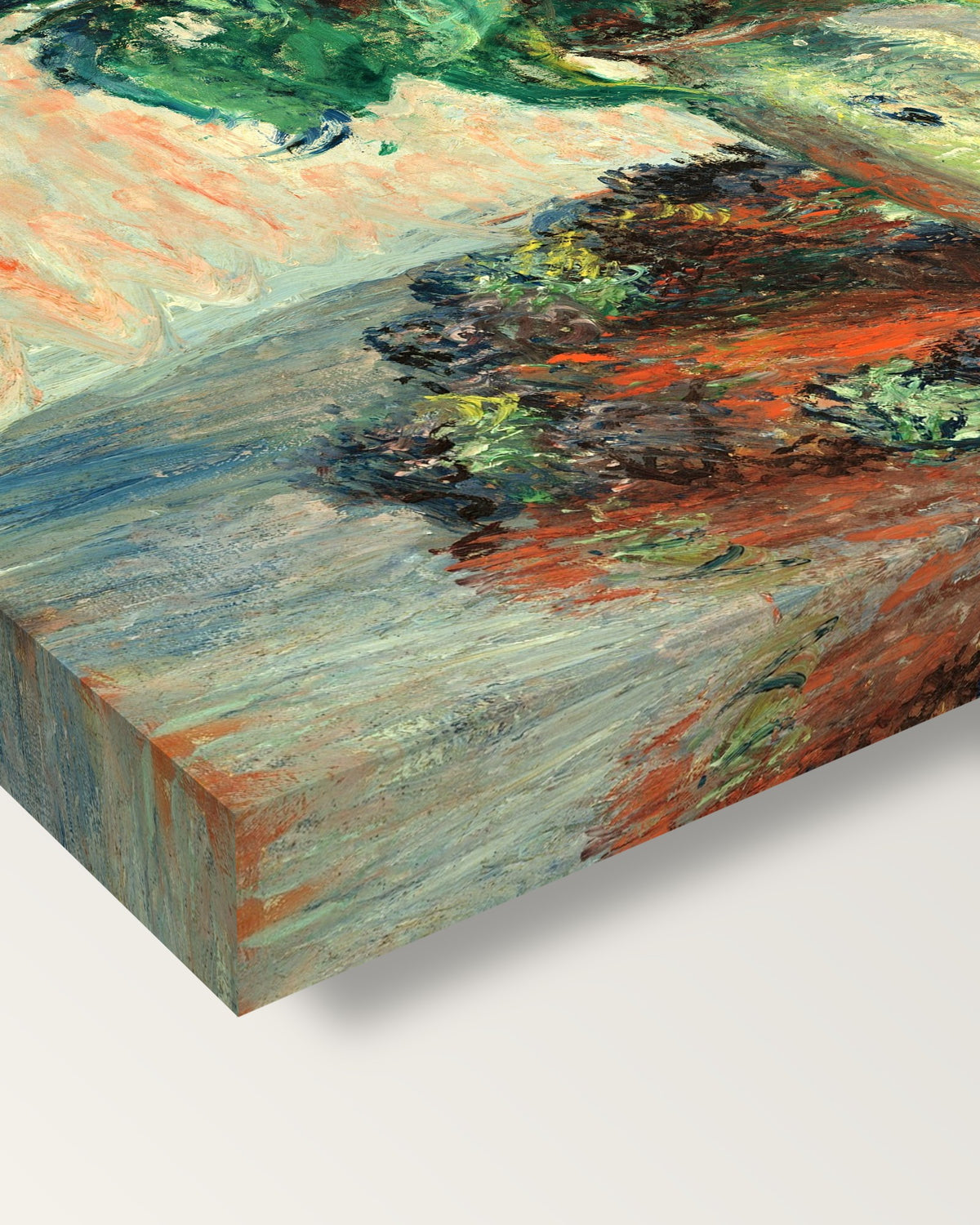 Jerusalem Artichoke Flowers by Claude Monet on stretched canvas, corner close-up: the painting mirror-wrapped round the sides