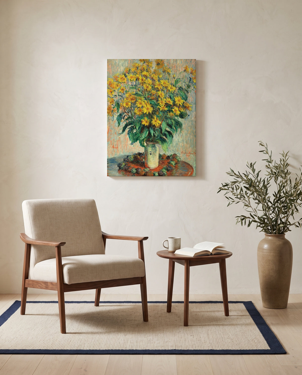Jerusalem Artichoke Flowers by Claude Monet as a stretched canvas above a linen lounge chair in a reading corner