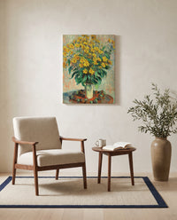 Jerusalem Artichoke Flowers by Claude Monet as a stretched canvas above a linen lounge chair in a reading corner