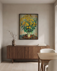 Jerusalem Artichoke Flowers by Claude Monet in a black frame above a walnut sideboard in a dining room