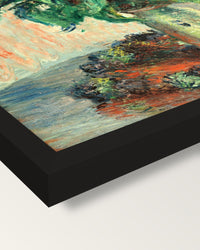 Jerusalem Artichoke Flowers by Monet framed print, corner close-up: black moulding, mitred, the print set just below its edge