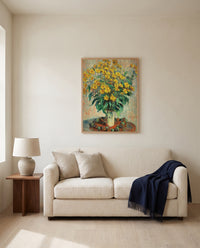 Jerusalem Artichoke Flowers by Claude Monet framed in natural oak above a cream sofa in a warm living room