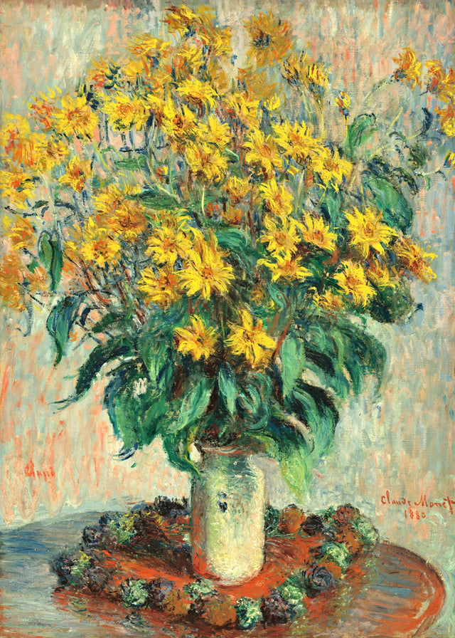 Jerusalem Artichoke Flowers by Claude Monet: a tall vase of bright yellow flowers against a soft blue-grey background