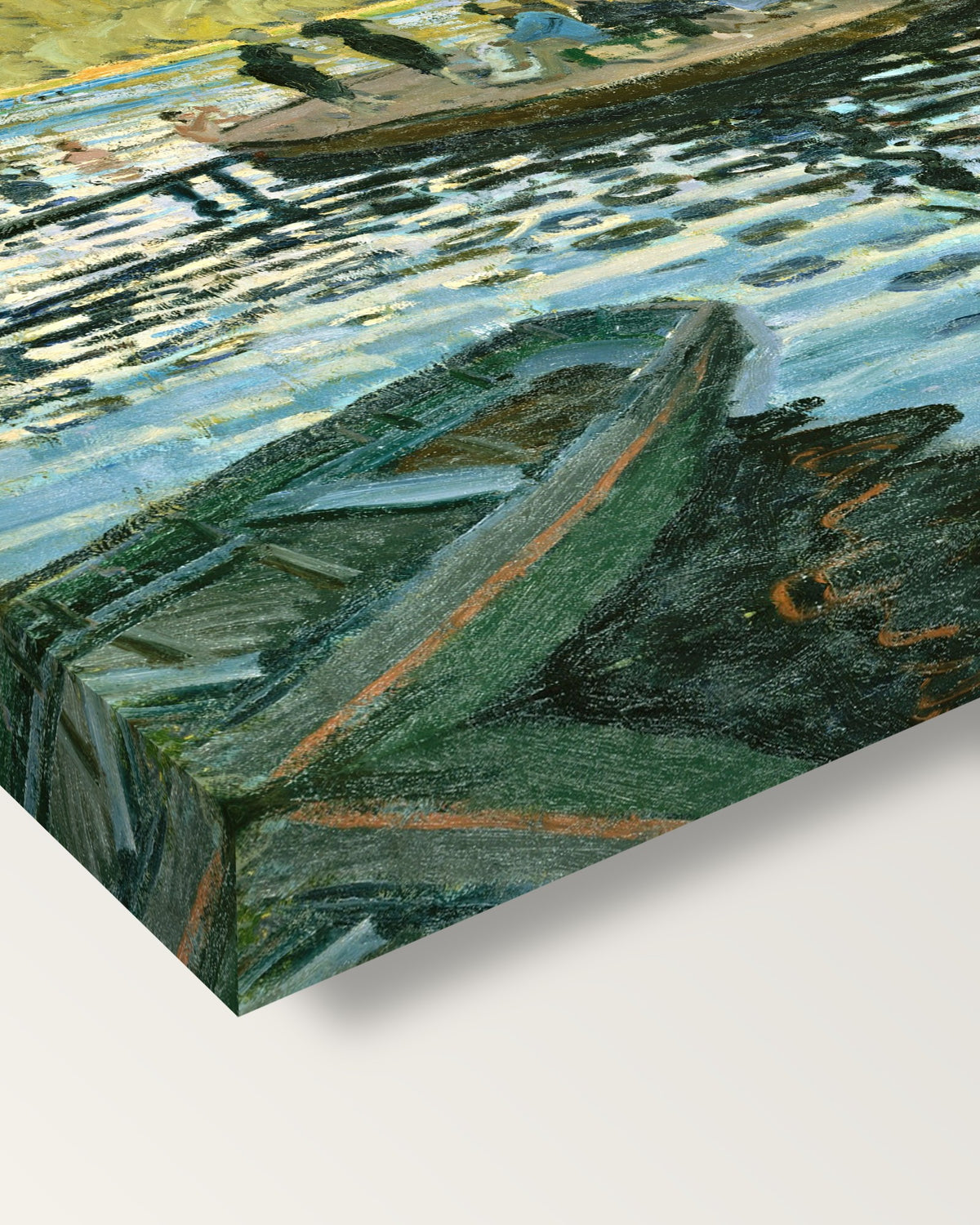 La Grenouillère by Claude Monet on stretched canvas, corner close-up: the painting mirror-wrapped round the sides