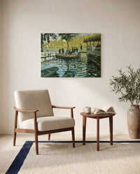 La Grenouillère by Claude Monet as a stretched canvas above a linen lounge chair in a reading corner