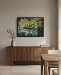 La Grenouillère by Claude Monet in a black frame above a walnut sideboard in a dining room
