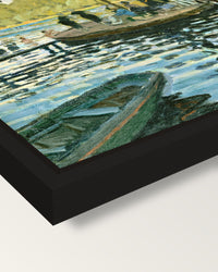 La Grenouillère by Claude Monet framed canvas, corner close-up: a black floating frame with a shadow gap round the canvas
