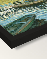 La Grenouillère by Claude Monet framed print, corner close-up: black moulding, mitred, the print set just below its edge
