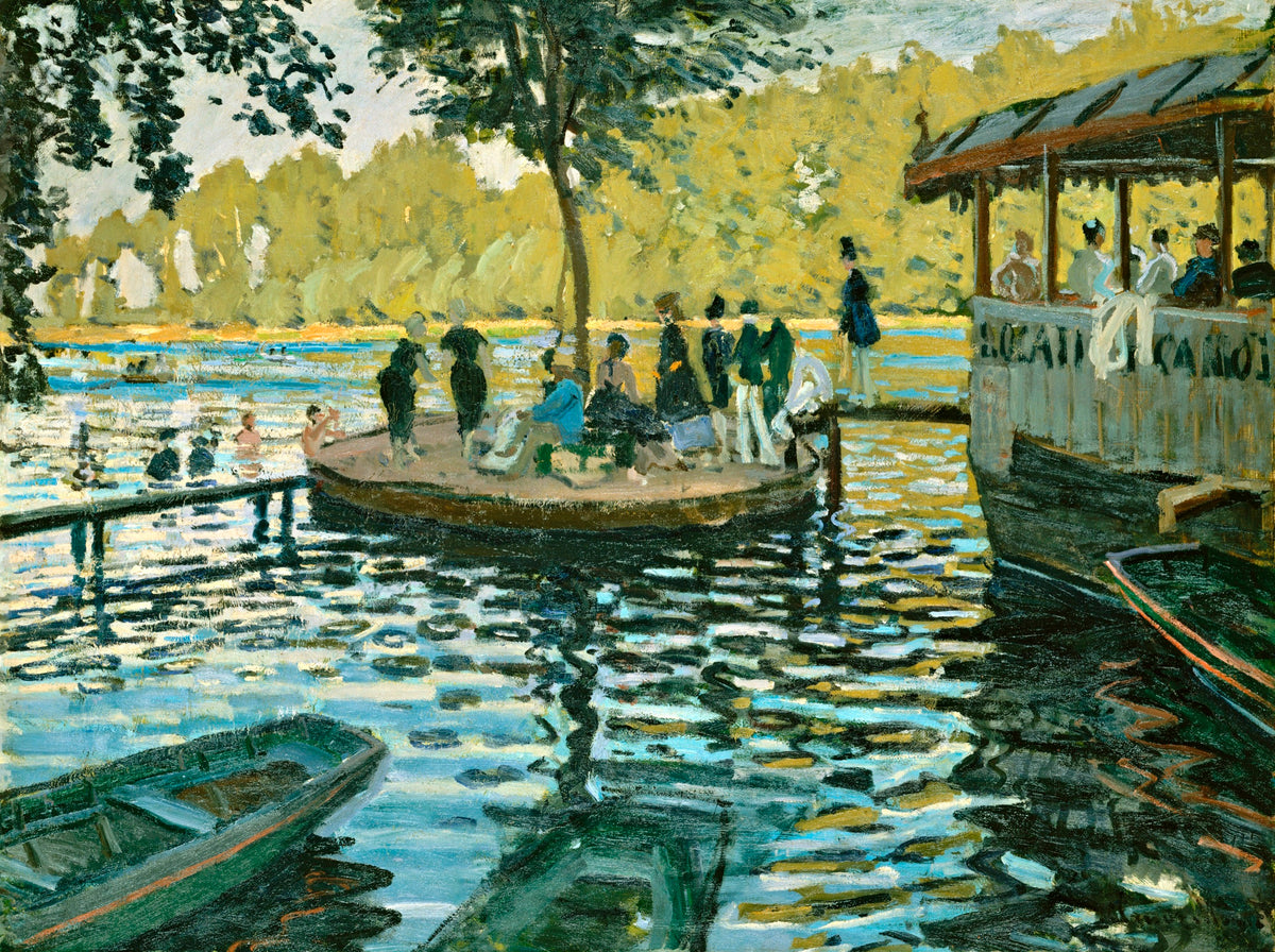 La Grenouillère by Claude Monet: a round islet with a tree, a floating café and rowing boats on rippling water