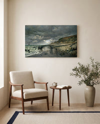 Pointe de la Hève, Low Tide by Claude Monet as a stretched canvas above a linen lounge chair in a reading corner