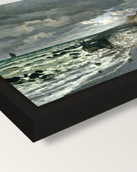 Pointe de la Hève, Low Tide framed canvas, corner close-up: a black floating frame with a shadow gap round the canvas